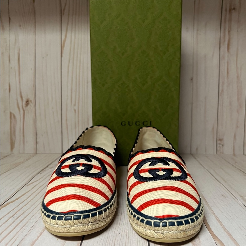 Gucci Interlocking G Striped Canvas Espadrille Flat Sz 40.5 / 10.5 - Picture 4 of 11